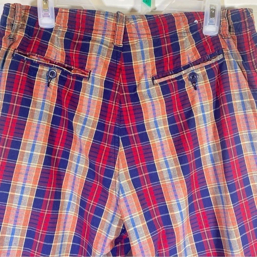 Madison men's 34 Plaid blue red orange casual fun vacation flat front shorts
